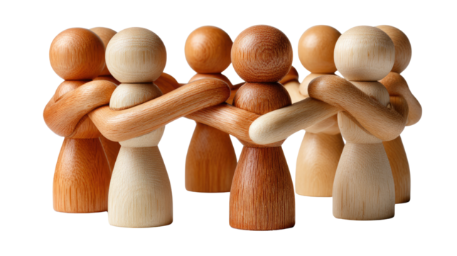 Connected in Unity: A circle of wooden figurines, their arms intertwined in a gesture of solidarity and connection, symbolizing teamwork and collaboration