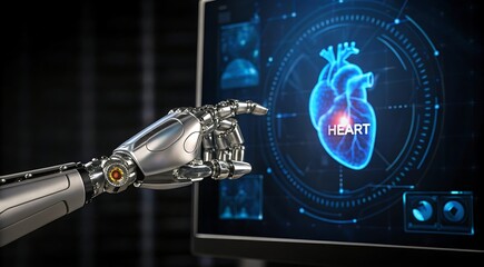 Robot Arm Interacting with Heart Scan on Computer Screen Depicting Futuristic Medical Technology and Healthcare Solutions