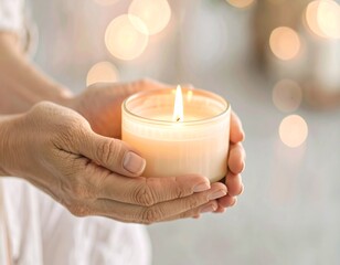 Hands holding a single lit candle calmly.