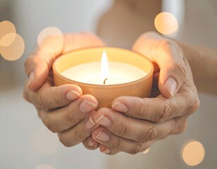 A gently burning candle held in relaxed hands.