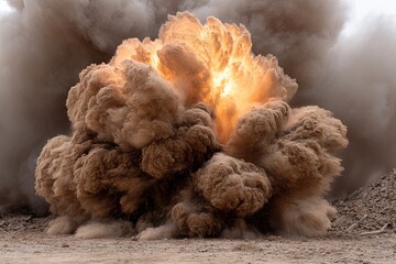 Explosive eruption of dust and debris creating a dramatic display of energy and force illuminating the surrounding landscape with a powerful cloud of smoke and flames