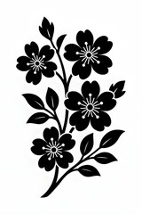 Black and white floral illustration with blooming flowers and leaves in silhouette style. Elegant decorative botanical artwork perfect for tattoo design, patterns, logos, greeting cards, posters,