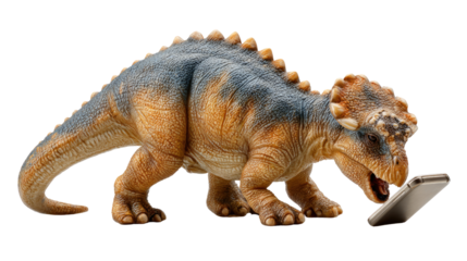 Dinosaur Tech Encounter: A fascinating prehistoric figure is engrossed with a digital tablet, suggesting an amusing encounter with modern technology.