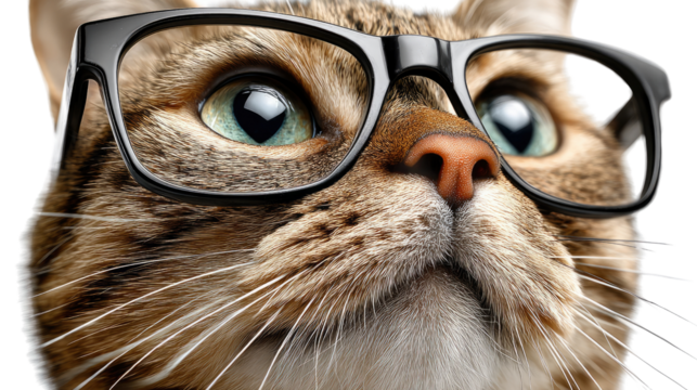 Smart Cat with Glasses: A close-up portrait of a cat, wearing fashionable eyeglasses, staring intently, embodying intellect and curiosity.