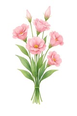 Fototapeta premium Watercolor illustration of a pink lisianthus flower bouquet with green leaves, soft pastel tones, and elegant botanical design. Hand-painted floral artwork ideal for wedding invitations, greeting card