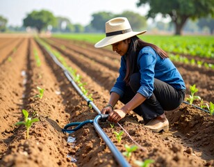 Female farmer adjusting irrigation pipe in farmland.