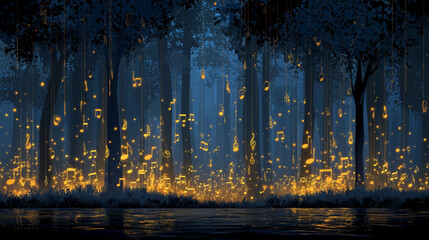 Gold glowing musical notes rain down in a dark forest, creating a magical, rhythmic scene full of mystery and harmony.
