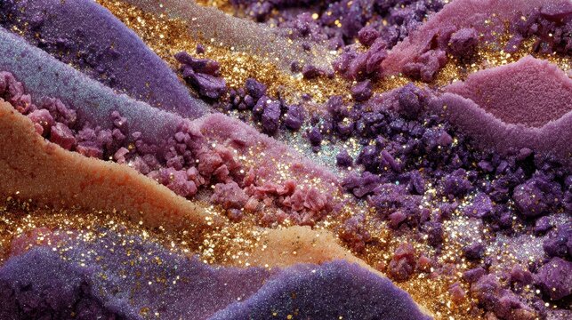 Close-up texture of layered, pastel-colored granules with golden sparkling particles