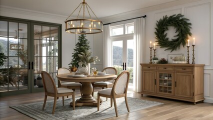 Fototapeta premium Modern USA Dining Room with Earth Tone and Forest Green Holiday Decor