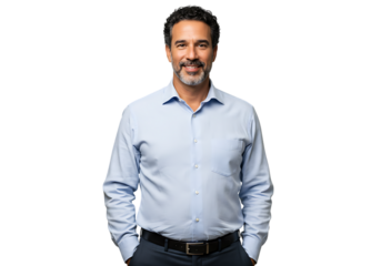 Smiling middle aged man with beard and hands in pockets isolated on transparent background