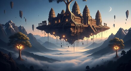 Ancient floating temple complex amidst misty mountains and glowing trees fantasy island