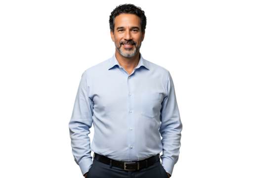 Smiling middle aged man with beard and hands in pockets isolated on transparent background