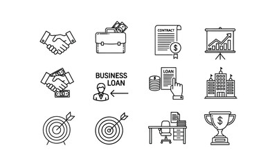 Vector icon collection dedicated to corporate finance and business development themes. This set includes essential outline symbols for investment, partnership agreements, strategic goals, and celebrat