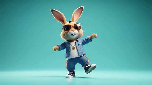 Animated cartoon Easter bunny wearing stylish denim attire and sunglasses, posing in a dynamic dance pose.