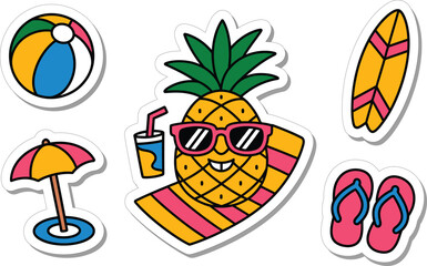 Fun summer beach vacation icons featuring a happy pineapple character