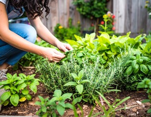 Fototapeta premium Gardener picking herbs in home backyard