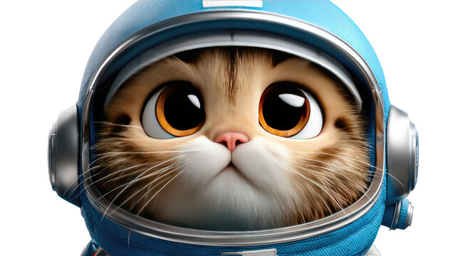 Celestial Explorer: A curious cat dons a futuristic space helmet, embarking on an intergalactic adventure. Its large eyes reflect wonder, ready to explore the cosmos.