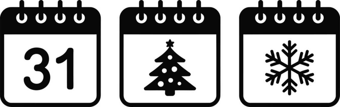 Calendar icons showing december 31st christmas tree and snowflake