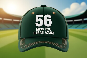 Green cricket cap with '56 Miss You Babar Azam' message, perfect for passionate fans at a stadium with vibrant atmosphere