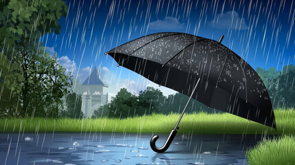 Black umbrella stands in a puddle during a cartoon-style rainstorm. Vibrant green grass and a house are visible in the background.