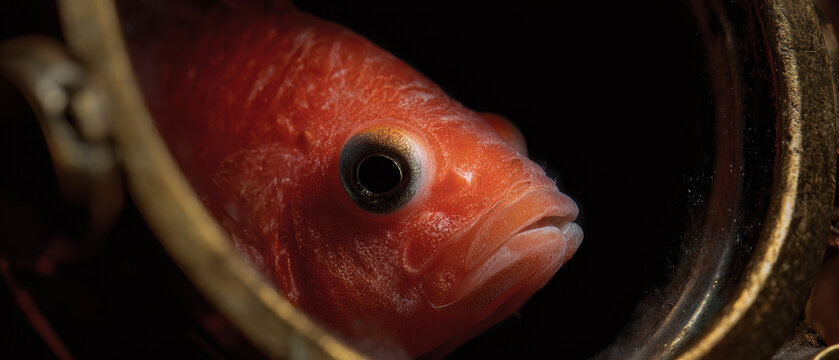 Vibrant red fish peeks through vintage diving helmet - Powered by Adobe