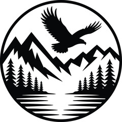 Obraz premium Silhouette of an eagle soaring over a mountain lake with pine trees