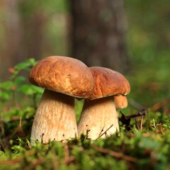 Two mushrooms in a mossy forest floor