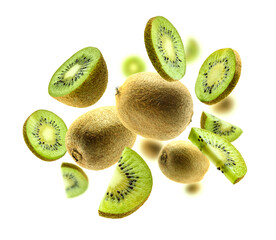 Kiwi fruit levitating on a white background