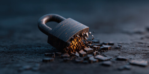  digital lock appears to be breaking apart, with small pieces scattering, symbolizing security and fragility.