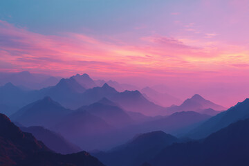 Fototapeta premium Gentle sunrise over misty mountains, soft pastel pink, blue, and yellow sky, serene and dreamy landscape, calm atmosphere, high-resolution photography for nature or travel. 