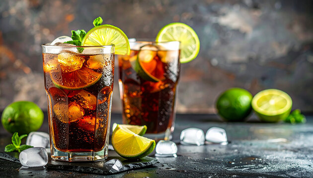 Cuba Libre with lime and cola. Classic mix. Tasty drink. Alcoholic beverage.