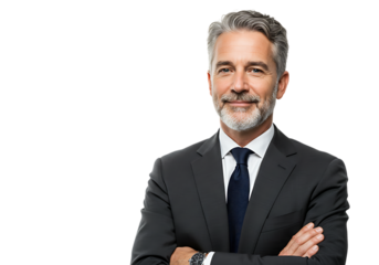 Mature businessman with grey hair and beard wearing a suit and tie smiling confidently isolated on transparent background