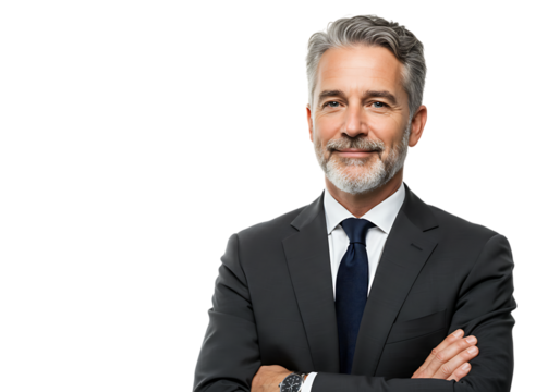 Mature businessman with grey hair and beard wearing a suit and tie smiling confidently isolated on transparent background