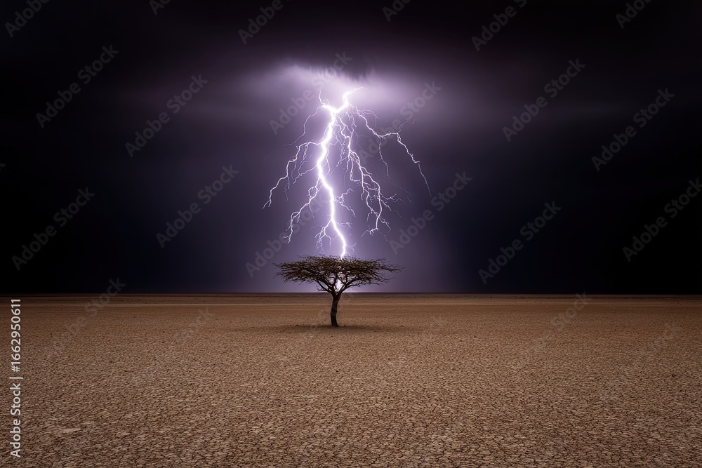 Poster A solitary acacia tree stands resilient against a dramatic lightning storm illuminating a desolate dry landscape showcasing the raw power of nature in a dynamic atmospheric setting