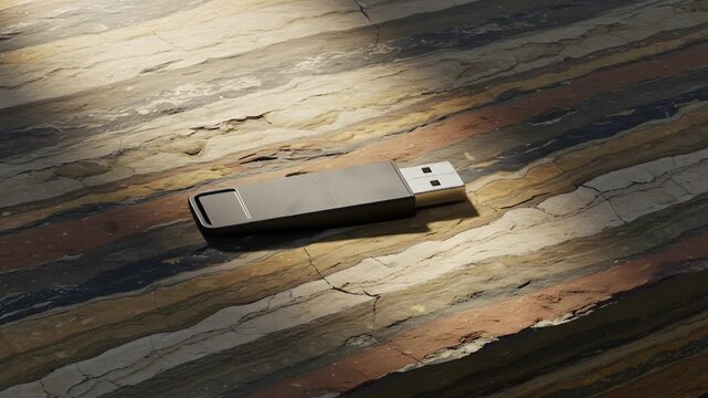 White flash drive on wooden surface