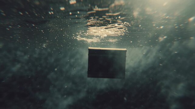 Underwater dark wooden crate floating near water surface with light reflections and floating particles creating mysterious