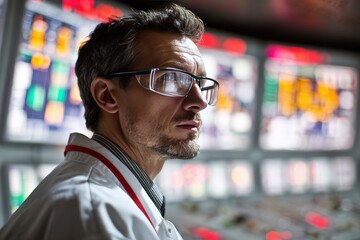 Naklejka premium Focused engineer monitoring advanced control panels in high-tech industrial facility, displaying intense concentration and dedication in a cutting-edge technological environment