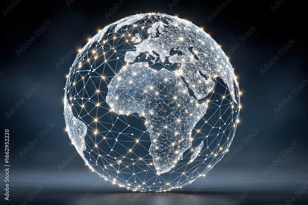 Poster global connectivity visualization demonstrating intricate network of illuminated nodes spanning dive