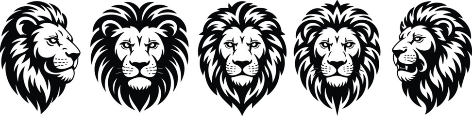 Lion head vector illustration, bold black and white design, majestic animal mascot, powerful wildlife symbol, strong predator face art for logo and graphic design