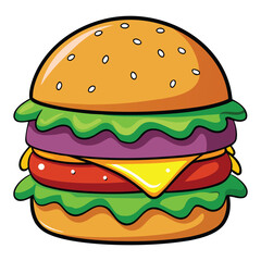 A grilled beef hamburger with cheese, lettuce, and tomato on a sesame bun against a white background