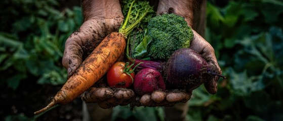 The Harvested Vegetables Rest in Weathered Hands of a Gardener