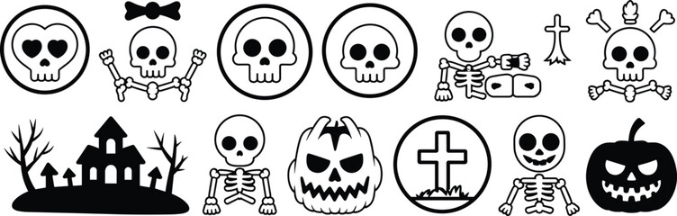 Black and white Halloween icons, skulls, skeletons, pumpkins, haunted house, gravestone, spooky vector set for horror, celebration, decoration, and seasonal design projects