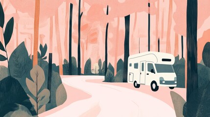 Serene Journey Through Forest with RV on Winding Road in Nature