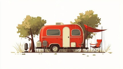 Retro Red Camper Surrounded by Trees and Outdoor Seating Area