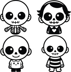 Cute cartoon skeleton characters in various outfits, kawaii skull art, playful bone figures, fun spooky Halloween vector illustration, adorable skeleton design for kids and parties