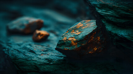 Raw molybdenum ore crystals on black shale with metallic reflections,showcasing strategic mineral resources and clean energy materials for industrial use.