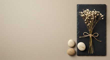 Botanical serenity arrangement with dried baby's breath flowers and spa stones against a neutral backdrop creating a