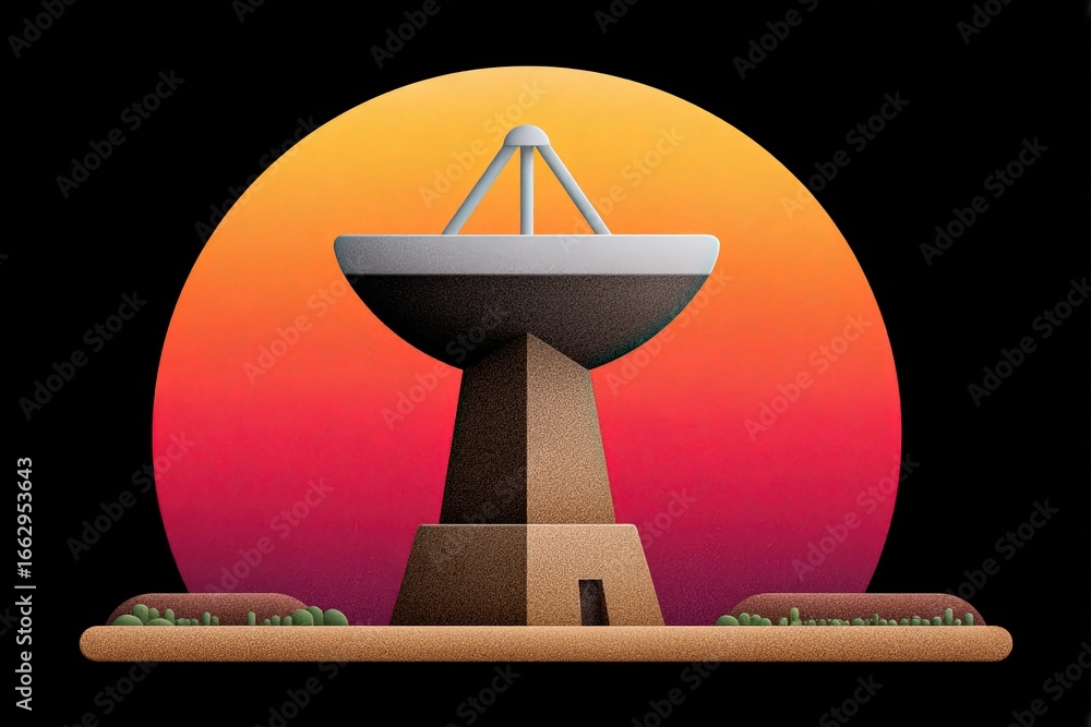 Poster a visually stunning representation of a satellite dish against a gradient sunset backdrop highlighti