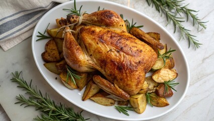 Delicious golden brown roasted chicken with potatoes and rosemary isolated on white background