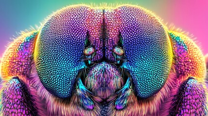 Vibrant iridescent insect macro photography, close up detailed view of a colorful bee or fly head, nature photography, insect texture, colorful insect, macro photography art